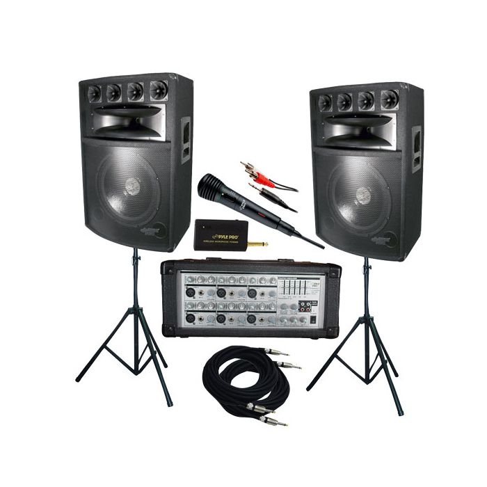 PylePro (KTDM1589) 1600 Watt Complete DJ Speaker System - 15' Six-Way Powered Mixer/Stands/MIC/Cables